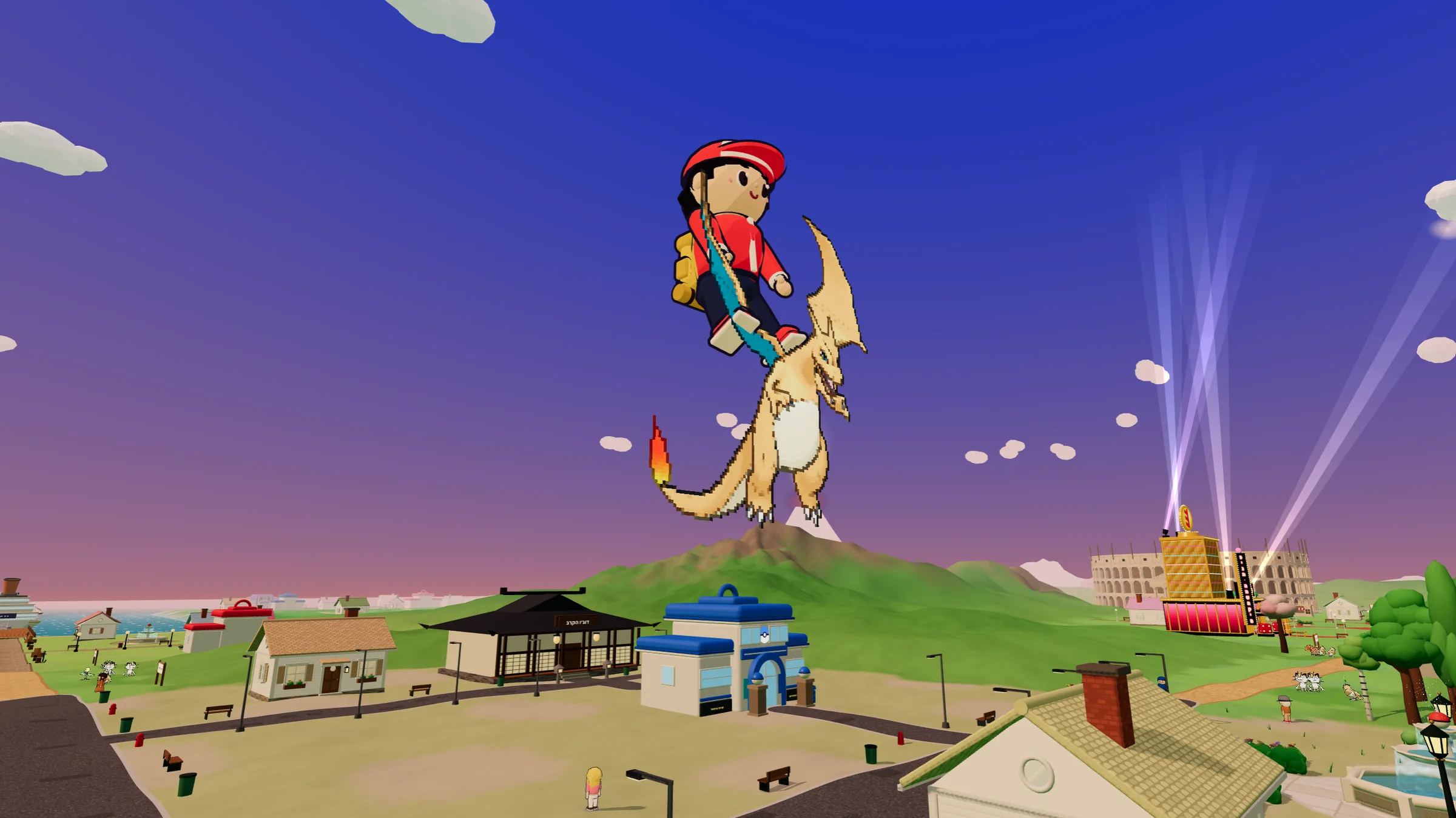 מאמן רוכב על Charizard בשמי ערב מעל העיר